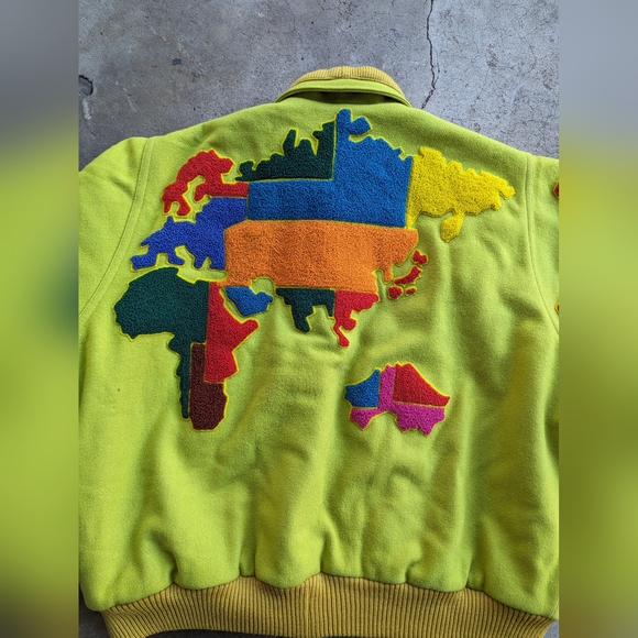 Vintage Nobuo Ikeda Lime Green Wool World Map Patch Bomber Jacket RARE Vintage - Picture 3 of 11